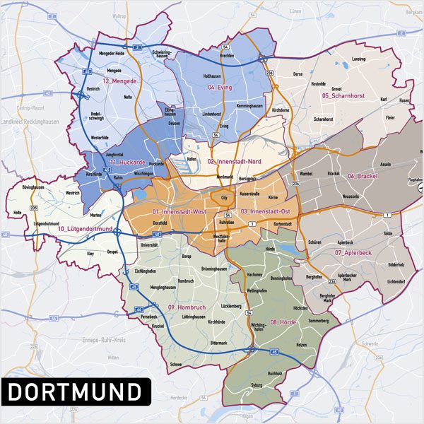 Dortmund Vektorkarte Stadtbezirke Topographie, Karte Dortmund, Vektorkarte Dortmund Stadtbezirke, Stadtkarte Dortmund, Karte Dortmund AI-Datei download