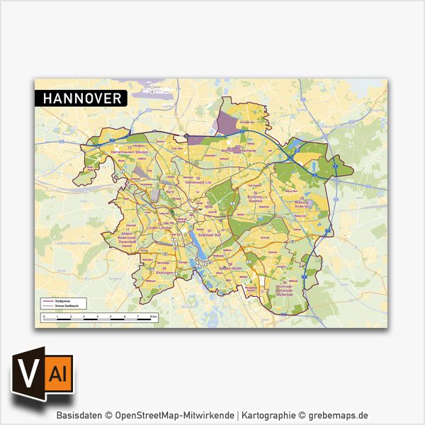 Hannover Vektorkarte Stadtbezirke Topographie, Karte Hannover, Vektorkarte Hannover, Karte Hannover AI-Datei download