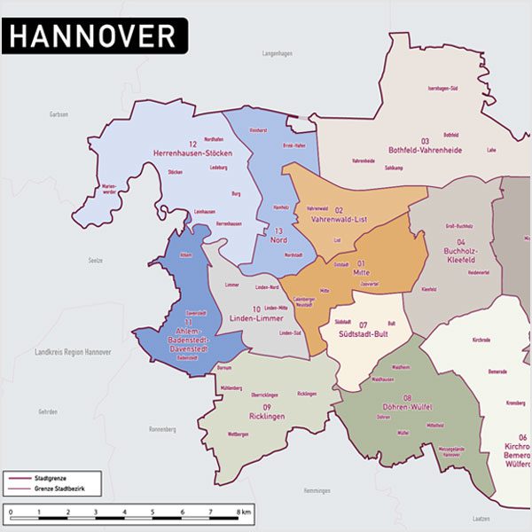 Hannover Vektorkarte Stadtbezirke Topographie, Karte Hannover, Vektorkarte Hannover, Karte Hannover AI-Datei download