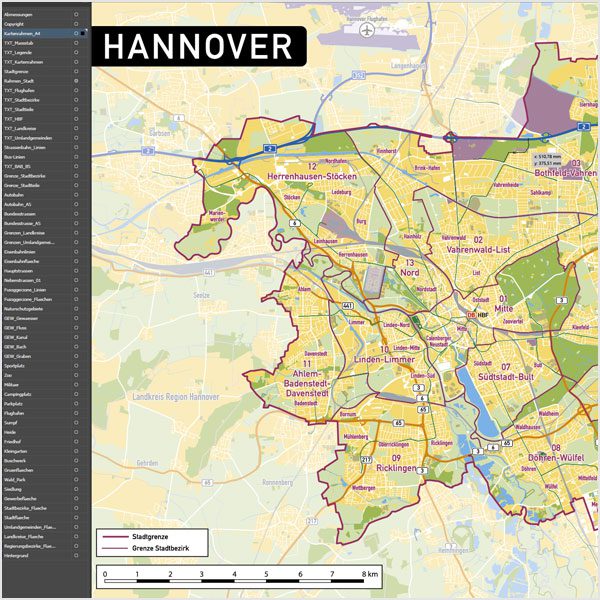 Hannover Vektorkarte Stadtbezirke Topographie, Karte Hannover, Vektorkarte Hannover, Karte Hannover AI-Datei download