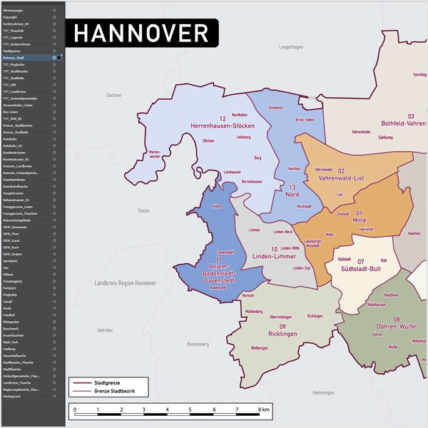 Hannover Vektorkarte Stadtbezirke Topographie, Karte Hannover, Vektorkarte Hannover, Karte Hannover AI-Datei download