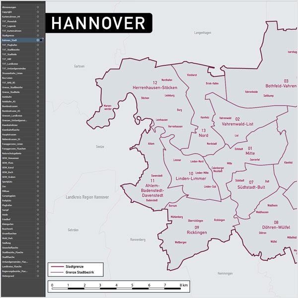 Hannover Vektorkarte Stadtbezirke Topographie, Karte Hannover, Vektorkarte Hannover, Karte Hannover AI-Datei download