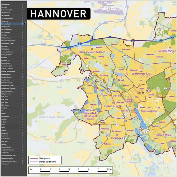 Hannover Vektorkarte Stadtbezirke Topographie, Karte Hannover, Vektorkarte Hannover, Karte Hannover AI-Datei download