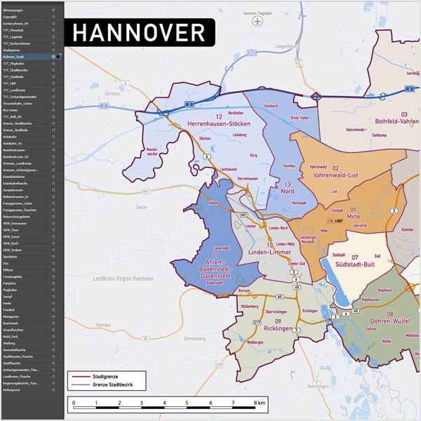 Hannover Vektorkarte Stadtbezirke Topographie, Karte Hannover, Vektorkarte Hannover, Karte Hannover AI-Datei download