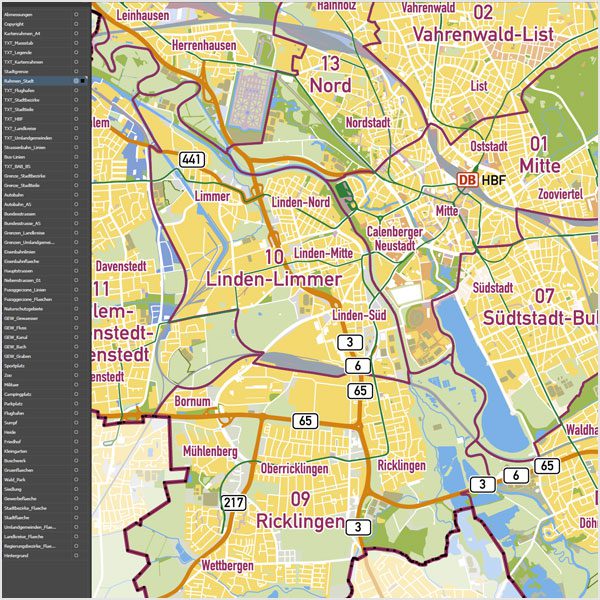 Hannover Vektorkarte Stadtbezirke Topographie, Karte Hannover, Vektorkarte Hannover, Karte Hannover AI-Datei download