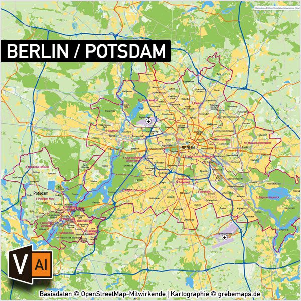 Berlin Potsdam Stadtbezirke Stadtteile Topographie Vektorkarte, Karte Berlin Stadtteile, Vektorkarte Berlin Stadtteile, Karte Berlin Vektor download, Karte Vektor Berlin download