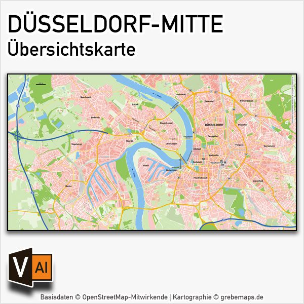 Düsseldorf-Mitte Übersichtskarte Vektorkarte, Karte Düsseldorf Mitte, Karte Düsseldorf Innenstadt, Karte Düsseldorf Zentrum, Karte Düsseldorf mit Gebäuden, Karte Düsseldorf AI-Datei download