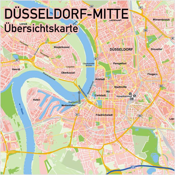 Düsseldorf-Mitte Übersichtskarte Vektorkarte, Karte Düsseldorf Mitte, Karte Düsseldorf Innenstadt, Karte Düsseldorf Zentrum, Karte Düsseldorf mit Gebäuden, Karte Düsseldorf AI-Datei download