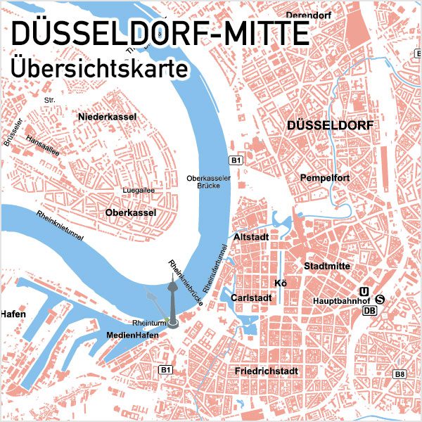 Düsseldorf-Mitte Übersichtskarte Vektorkarte, Karte Düsseldorf Mitte, Karte Düsseldorf Innenstadt, Karte Düsseldorf Zentrum, Karte Düsseldorf mit Gebäuden, Karte Düsseldorf AI-Datei download