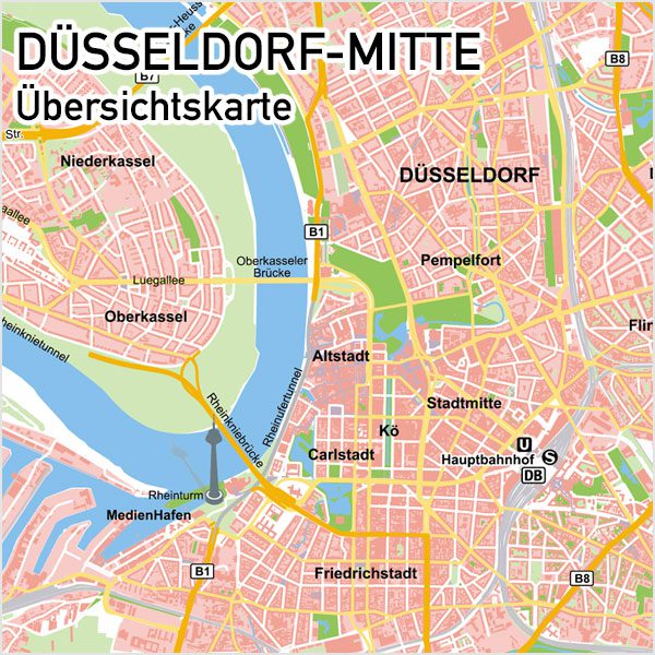 Düsseldorf-Mitte Übersichtskarte Vektorkarte, Karte Düsseldorf Mitte, Karte Düsseldorf Innenstadt, Karte Düsseldorf Zentrum, Karte Düsseldorf mit Gebäuden, Karte Düsseldorf AI-Datei download