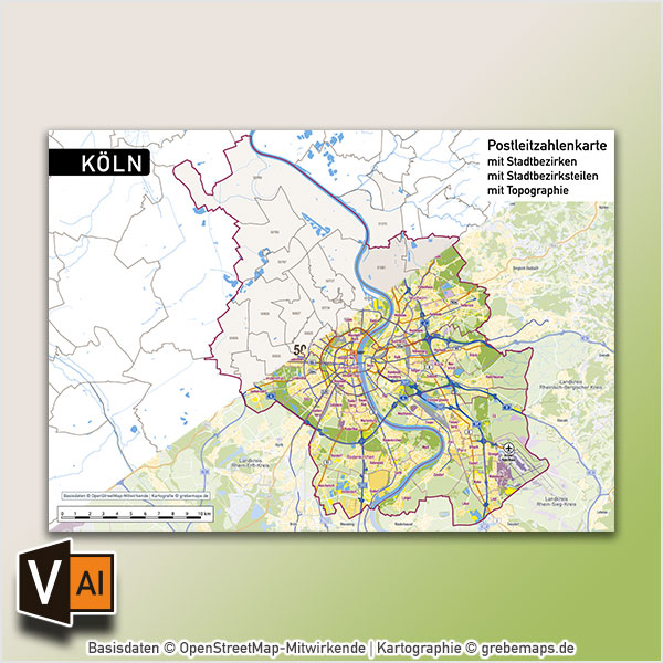 Köln Postleitzahlen PLZ-5 Topographie Stadtbezirke Stadtteile Vektorkarte, Karte Köln Stadtteile, Karte Köln Postleitzahlen, Karte Köln PLZ, Karte Köln PLZ-5, Karte Köln PLZ 5-stellig, Vektorkarte Köln AI-Datei download