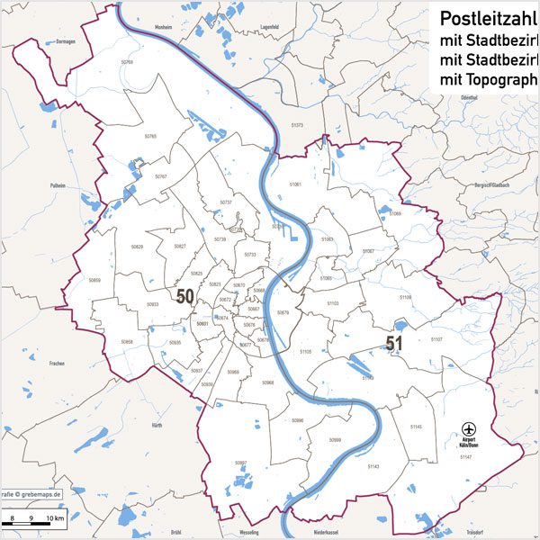 Köln Postleitzahlen PLZ-5 Topographie Stadtbezirke Stadtteile Vektorkarte, Karte Köln Stadtteile, Karte Köln Postleitzahlen, Karte Köln PLZ, Karte Köln PLZ-5, Karte Köln PLZ 5-stellig, Vektorkarte Köln AI-Datei download