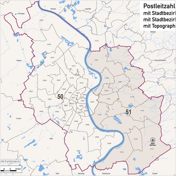 Köln Postleitzahlen PLZ-5 Topographie Stadtbezirke Stadtteile Vektorkarte, Karte Köln Stadtteile, Karte Köln Postleitzahlen, Karte Köln PLZ, Karte Köln PLZ-5, Karte Köln PLZ 5-stellig, Vektorkarte Köln AI-Datei download