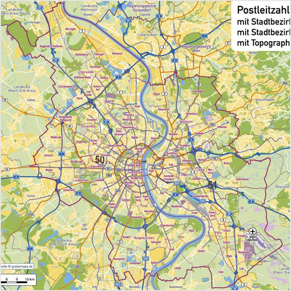 Köln Postleitzahlen PLZ-5 Topographie Stadtbezirke Stadtteile Vektorkarte, Karte Köln Stadtteile, Karte Köln Postleitzahlen, Karte Köln PLZ, Karte Köln PLZ-5, Karte Köln PLZ 5-stellig, Vektorkarte Köln AI-Datei download