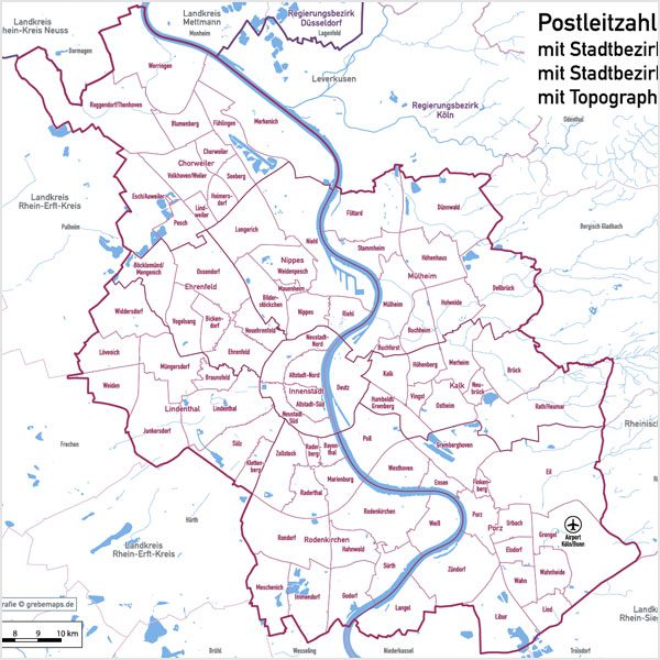 Köln Postleitzahlen PLZ-5 Topographie Stadtbezirke Stadtteile Vektorkarte, Karte Köln Stadtteile, Karte Köln Postleitzahlen, Karte Köln PLZ, Karte Köln PLZ-5, Karte Köln PLZ 5-stellig, Vektorkarte Köln AI-Datei download