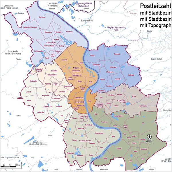 Köln Postleitzahlen PLZ-5 Topographie Stadtbezirke Stadtteile Vektorkarte, Karte Köln Stadtteile, Karte Köln Postleitzahlen, Karte Köln PLZ, Karte Köln PLZ-5, Karte Köln PLZ 5-stellig, Vektorkarte Köln AI-Datei download