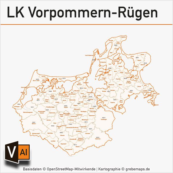 Landkreis-Karte Vorpommern-Rügen Postleitzahlen-Karte PLZ-5 Gemeinden Vektorkarte, Karte Vorpommern-Rügen Gemeinden, Karte Vorpommern-Rügen Postleitzahlen, Karte Vorpommern-Rügen PLZ, Karte Vorpommern-Rügen Vektorkarte AI-Datei download