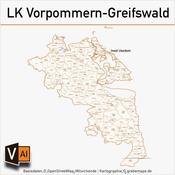 Landkreis-Karte Vorpommern-Greifswald Postleitzahlen-Karte PLZ-5 Gemeinden Vektorkarte, Karte Vorpommern-Greifswald Gemeinden, Karte Vorpommern-Greifswald Postleitzahlen, Karte Vorpommern-Greifswald PLZ, Karte Vorpommern-Greifswald AI-Datei download