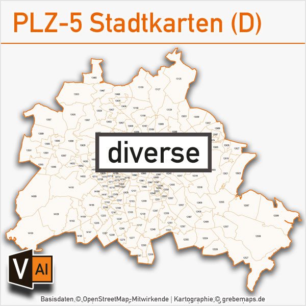 Postleitzahlen-Karten PLZ-5 Stadtkarten Deutschland Vektorkarten, Postleitzahlenkarte PLZ-Karte PLZ-5-Karte PLZ Karte 5-stellig – Bundle mit 61 Städten 29 AI-Dateien download herunterladbar