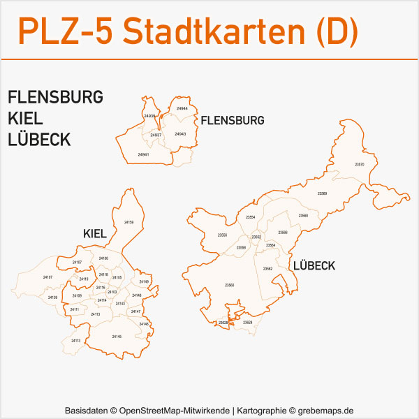 Postleitzahlenkarte PLZ-Karte Vektorkarte Karte PLZ Flensburg Kiel Lübeck