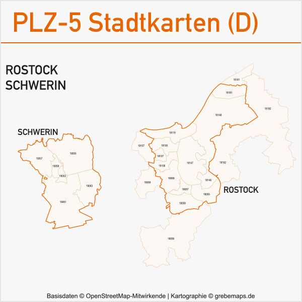 Postleitzahlenkarte PLZ-Karte Vektorkarte Karte PLZ Rostock Schwerin