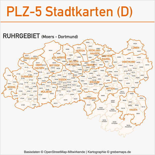 PLZ-Karte Ruhrgebiet, Postleitzahlenkarte Ruhrgebiet