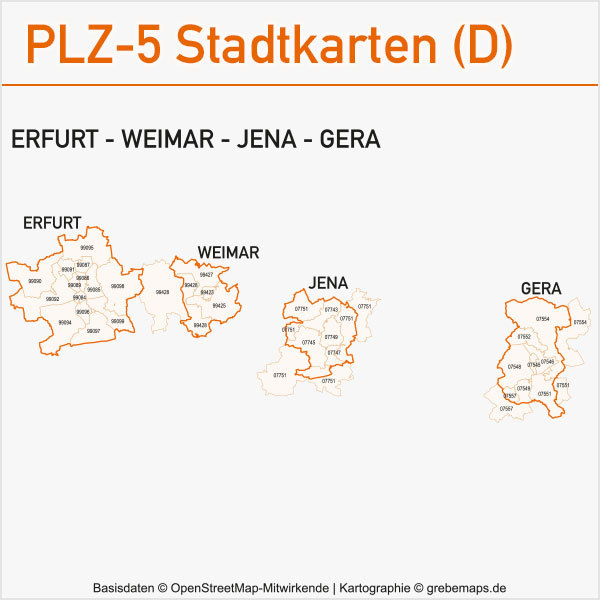Postleitzahlenkarte PLZ-Karte Vektorkarte Karte PLZ Erfurt Weimar Jena Gera