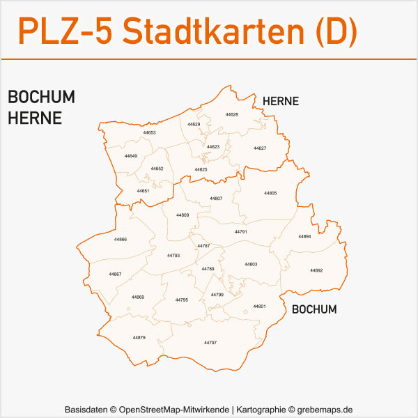 Postleitzahlenkarte PLZ-Karte Vektorkarte Karte PLZ Bochum Herne
