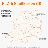 Postleitzahlenkarte PLZ-Karte Vektorkarte Karte PLZ Wuppertal Solingen Remscheid