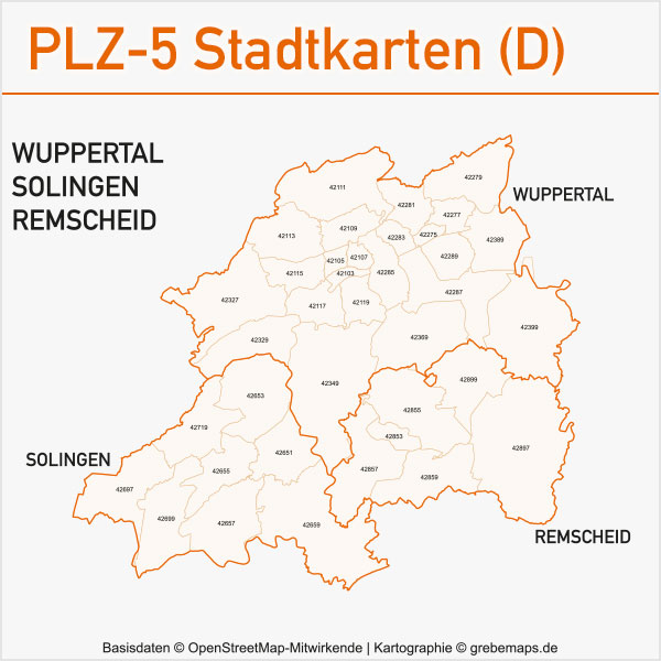 Postleitzahlenkarte PLZ-Karte Vektorkarte Karte PLZ Wuppertal Solingen Remscheid