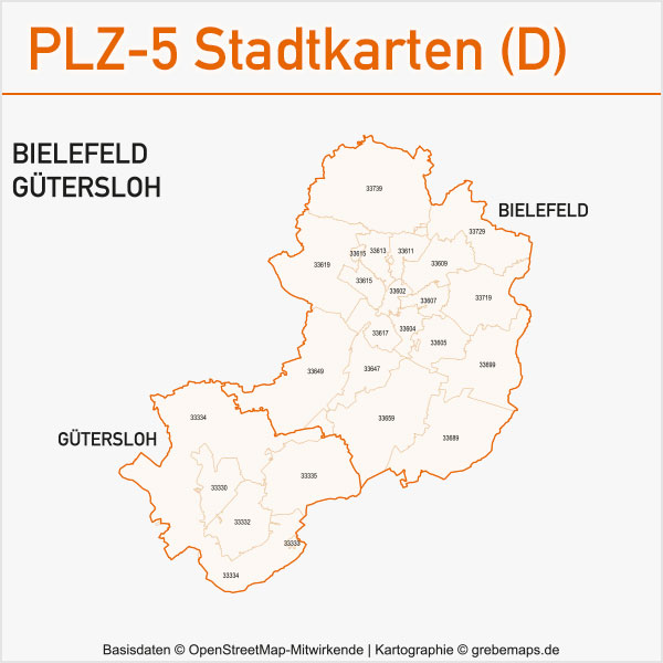 Postleitzahlenkarte PLZ-Karte Vektorkarte Karte PLZ Bielefeld Gütersloh