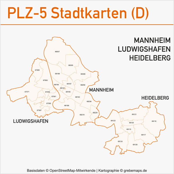 Postleitzahlenkarte PLZ-Karte Vektorkarte Karte PLZ Mannheim Ludwigshafen Heidelberg