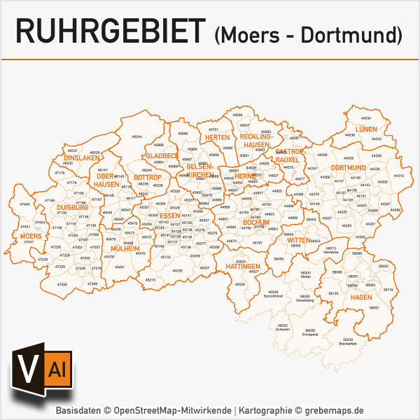 Ruhrgebiet Postleitzahlen-Karte PLZ-5 Gemeinden Vektorkarte, Karte Ruhrgebiet Postleitzahlen, Karte Ruhrgebiet PLZ, Karte Ruhrgebiet Gemeinden, Karte Ruhrgebiet Gemeindegrenzen, Vektorkarte Ruhrgebiet AI-Datei download