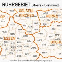 Ruhrgebiet Postleitzahlen-Karte PLZ-5 Gemeinden Vektorkarte, Karte Ruhrgebiet Postleitzahlen, Karte Ruhrgebiet PLZ, Karte Ruhrgebiet Gemeinden, Karte Ruhrgebiet Gemeindegrenzen, Vektorkarte Ruhrgebiet AI-Datei download