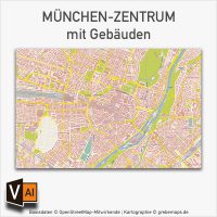 München-Zentrum mit Gebäuden Basiskarte Vektorkarte, Karte München, Vektorkarte München, Stadtplan München Innenstadt mit Gebäuden, Karte München AI-Datei download