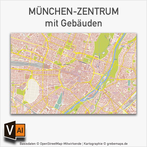 München-Zentrum mit Gebäuden Basiskarte Vektorkarte, Karte München, Vektorkarte München, Stadtplan München Innenstadt mit Gebäuden, Karte München AI-Datei download