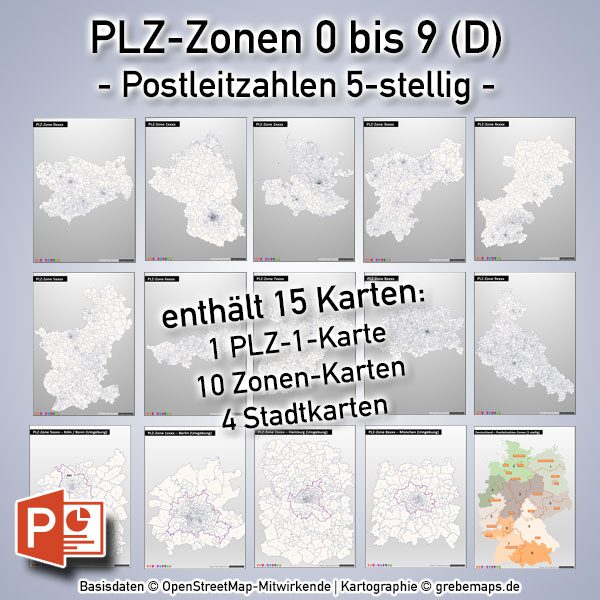 PowerPoint-Karte Deutschland Postleitzahlen 5-stellig PLZ-Zone 0 bis 9 (Bundle mit 15 Karten), Karte Postleitzahlen Deutschland PowerPoint, Karte PowerPoint PLZ Deutschland, Karte PowerPoint Postleitzahlen Deutschland Vektordaten