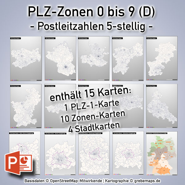 PowerPoint-Karte Deutschland Postleitzahlen 5-stellig PLZ-Zone 0 bis 9 (Bundle mit 15 Karten), Karte Postleitzahlen Deutschland PowerPoint, Karte PowerPoint PLZ Deutschland, Karte PowerPoint Postleitzahlen Deutschland Vektordaten