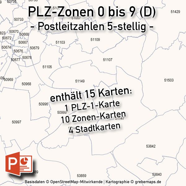 PowerPoint-Karte Deutschland Postleitzahlen 5-stellig PLZ-Zone 0 bis 9 (Bundle mit 15 Karten), Karte Postleitzahlen Deutschland PowerPoint, Karte PowerPoint PLZ Deutschland, Karte PowerPoint Postleitzahlen Deutschland Vektordaten