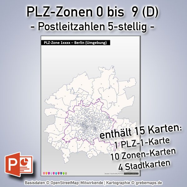 PowerPoint-Karte Deutschland Postleitzahlen 5-stellig PLZ-Zone 0 bis 9 (Bundle mit 15 Karten), Karte Postleitzahlen Deutschland PowerPoint, Karte PowerPoint PLZ Deutschland, Karte PowerPoint Postleitzahlen Deutschland Vektordaten