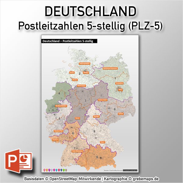 PowerPoint-Karte Deutschland Postleitzahlen PLZ-5 (5-stellig), Karte PowerPoint PLZ Deutschland, Karte PowerPoint PLZ 5-stellig Deutschland, Karte PowerPoint PLZ-5 Deutschland