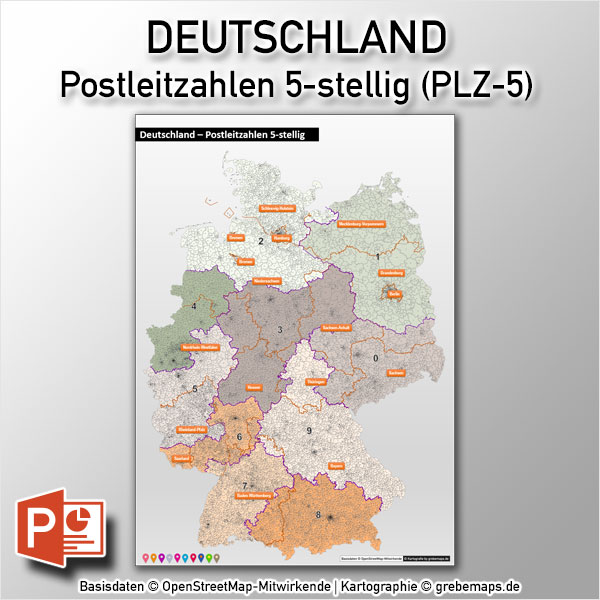 PowerPoint-Karte Deutschland Postleitzahlen PLZ-5 (5-stellig), Karte PowerPoint PLZ Deutschland, Karte PowerPoint PLZ 5-stellig Deutschland, Karte PowerPoint PLZ-5 Deutschland