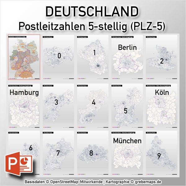 PowerPoint-Karte Deutschland Postleitzahlen PLZ-5 (5-stellig), Karte PowerPoint PLZ Deutschland, Karte PowerPoint PLZ 5-stellig Deutschland, Karte PowerPoint PLZ-5 Deutschland