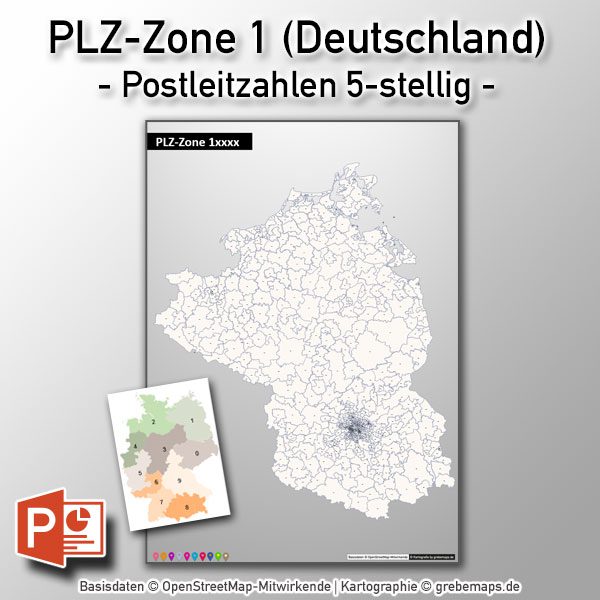 PowerPoint-Karte Deutschland Postleitzahlen 5-stellig PLZ-Zone-1 mit PLZ-5-Karte Berlin, Karte PowerPoint Deutschland PLZ, Karte PowerPoint Deutschland Postleitzahlen, PLZ-Karte Deutschland PowerPoint