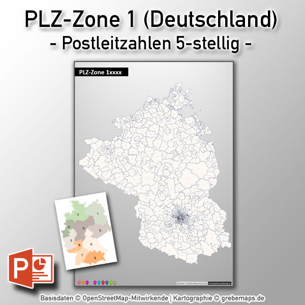 PowerPoint-Karte Deutschland Postleitzahlen 5-stellig PLZ-Zone-1 mit PLZ-5-Karte Berlin, Karte PowerPoint Deutschland PLZ, Karte PowerPoint Deutschland Postleitzahlen, PLZ-Karte Deutschland PowerPoint
