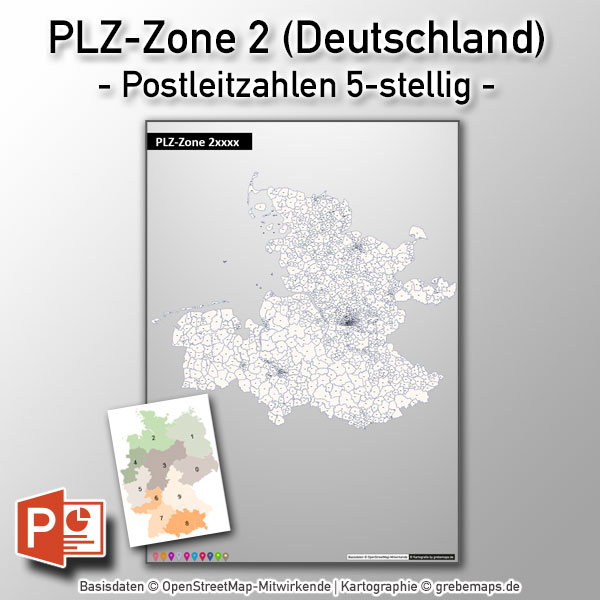 PowerPoint-Karte Deutschland Postleitzahlen 5-stellig PLZ-Zone-2 mit PLZ-5-Karte Hamburg, PLZ-Karte Deutschland PowerPoint, PLZ-Karte Hamburg PowerPoint, Karte Postleitzahlen Hamburg PowerPoint, Vektorkarte PLZ Deutschland PowerPoint