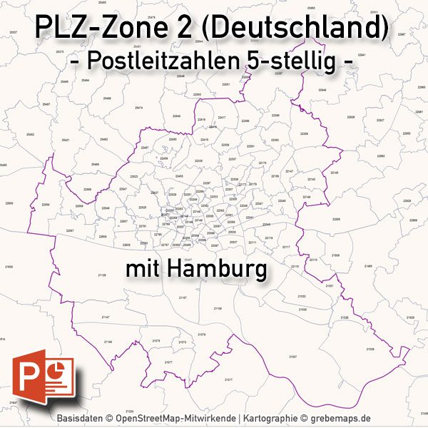PowerPoint-Karte Deutschland Postleitzahlen 5-stellig PLZ-Zone-2 mit PLZ-5-Karte Hamburg, PLZ-Karte Deutschland PowerPoint, PLZ-Karte Hamburg PowerPoint, Karte Postleitzahlen Hamburg PowerPoint, Vektorkarte PLZ Deutschland PowerPoint
