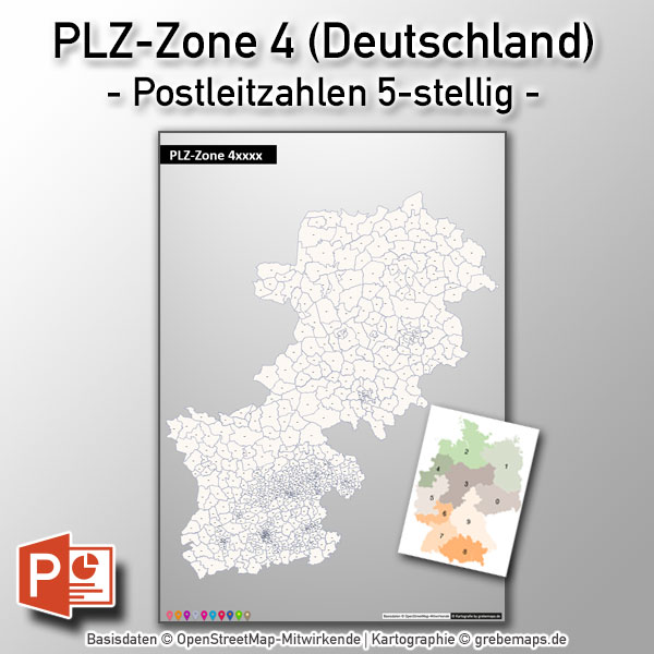 PowerPoint-Karte Deutschland Postleitzahlen 5-stellig PLZ-Zone-4, Karte PLZ Deutschland PowerPoint, Karte PowerPoint Postleitzahlen Deutschland