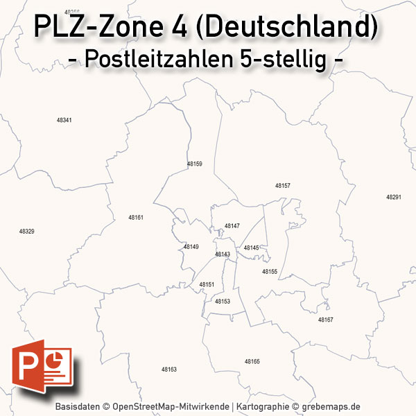 PowerPoint-Karte Deutschland Postleitzahlen 5-stellig PLZ-Zone-4, Karte PLZ Deutschland PowerPoint, Karte PowerPoint Postleitzahlen Deutschland