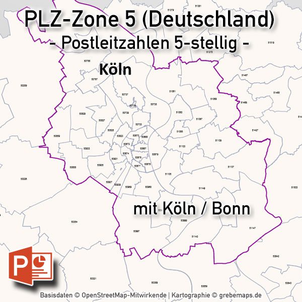 PowerPoint-Karte Deutschland Postleitzahlen 5-stellig PLZ-Zone-5 mit PLZ-5-Stadtkarte Köln-Bonn, Karte PLZ PowerPoint Deutschland